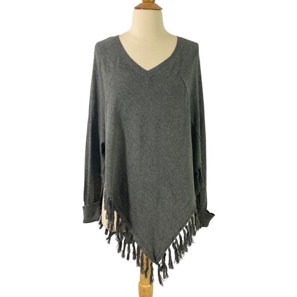 Double Zero SET OF 2 Knit Ponchos Fringe Hem Long Sleeve Tan Gray Soft Size S - Picture 5 of 12